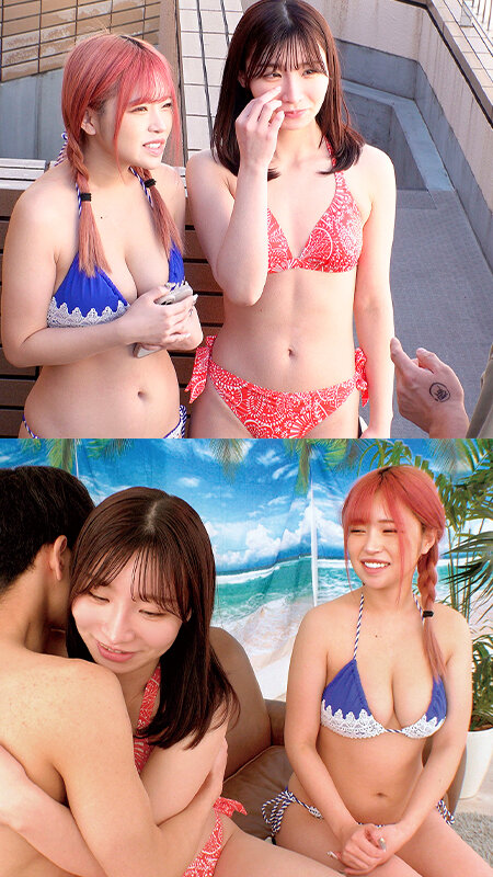 「【素人ギャル】巨乳水着美女2人が童貞君を逆3Pで筆おろし！騎乗位で中出しハーレム体験」のサムネイル